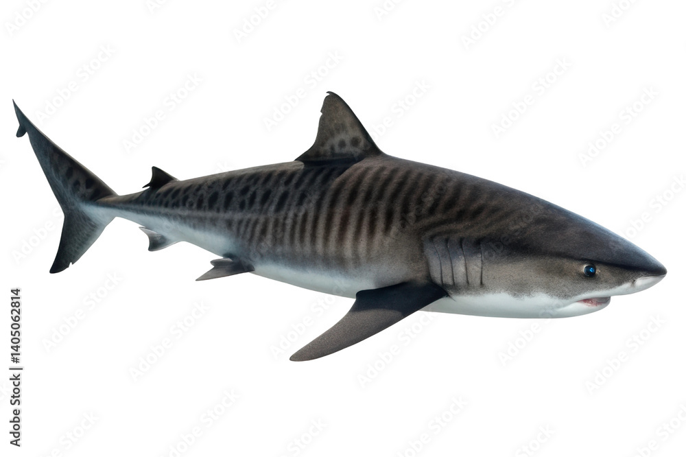 Obraz premium Tiger shark swimming gracefully through clear ocean waters during a bright sunny day