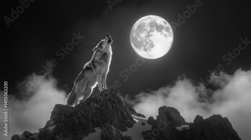 Majestic wolf howls at the full moon on a mountain peak.