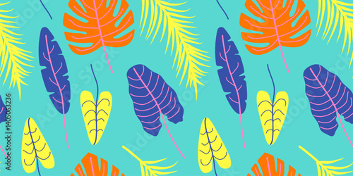 Seamless tropical pattern with monstera, palm and banana leaves in vibrant orange, yellow and violet on turquoise for packaging, fabric, wallpaper, wrapping, stationery, summer seasonal designs, etc.
