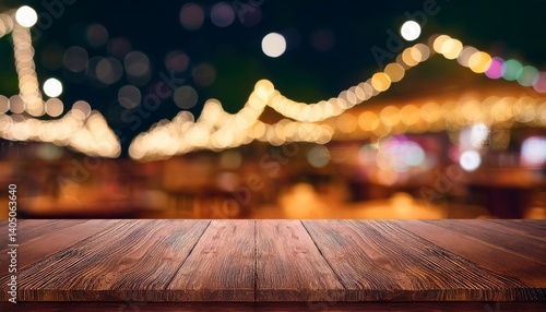 background of wooden table in front of abstract blurred restaurant lights