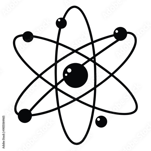 Atom Model Illustration: Black and White Graphic of Atomic Structure, Science Education Icon, Physics Symbol, Molecule Design