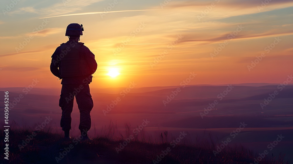Soldier at Sunset: A soldier stands in silhouette against the warm, orange glow of a breathtaking sunset. His silhouette embodies strength and resilience. Soldier at Sunset: A soldier stands in silhouette against the warm, orange glow of a breathtaking sunset. His silhouette embodies strength and resilience.