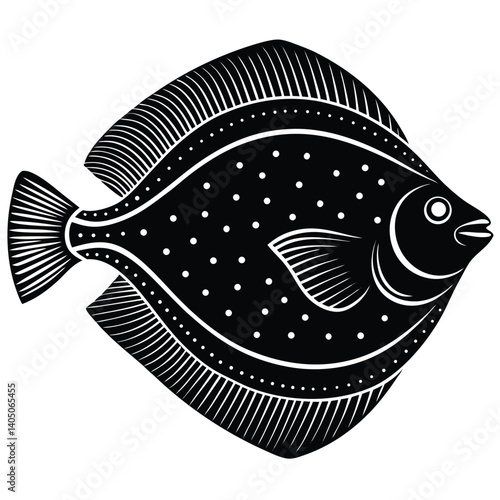 Black and White Flounder Fish Vector Illustration: Flatfish Graphic with Spots, Detailed Fins, and Artistic Design for Seafood or Marine Themes
