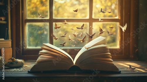 A window view showcasing an open book with soaring butterflies.