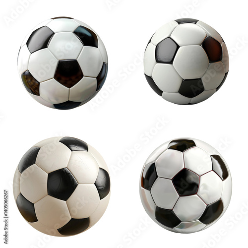 Soccer Ball Collection: Four classic soccer balls are isolated, showcasing their traditional black and white pentagonal panel design. Perfectly representing the essence of sport and recreation.