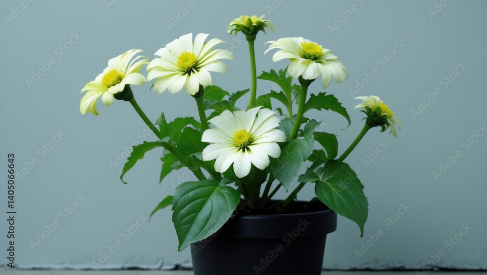 A planter showcasing white zinnia flowers.