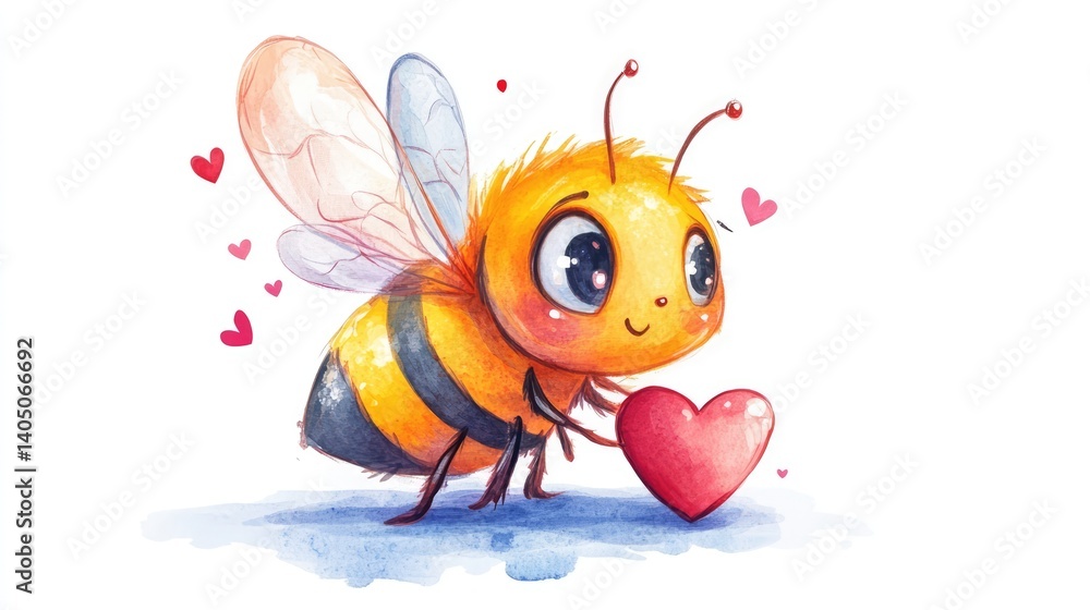 Fototapeta premium Cute Cartoon Bee Holding Heart with Colorful Hearts Background Watercolor