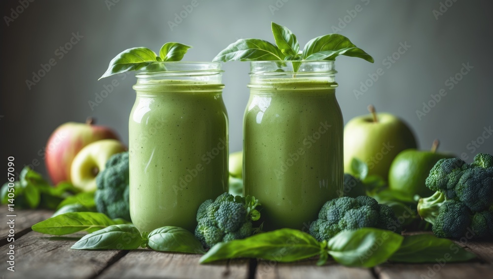 Nutrition and healthy dieting, lifestyle choices including vegan and vegetarian, alkaline concepts. Kitchen table featuring a green smoothie with organic ingredients and vegetables.