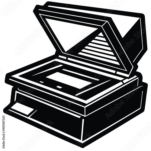 Black and White Illustration of an Open Flatbed Scanner for Document Digitization and Image Scanning, Vector Graphic