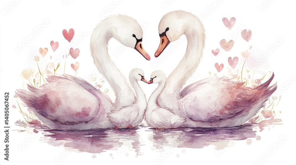 Fototapeta premium Elegant Swans Forming Heart Shape with Love in Soft Watercolor