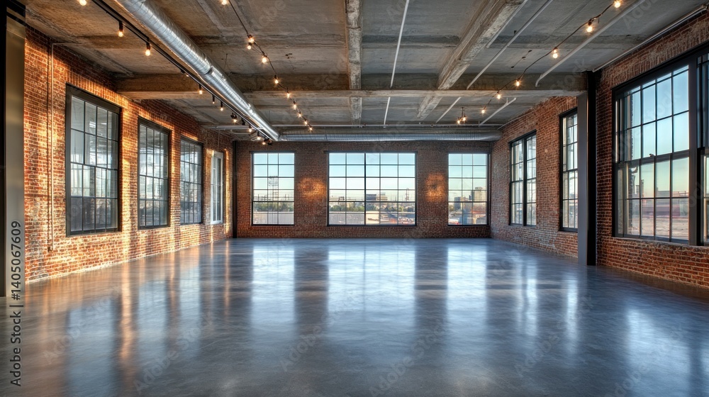 Spacious loft interior with exposed brick and large windows Spacious loft interior with exposed brick and large windows