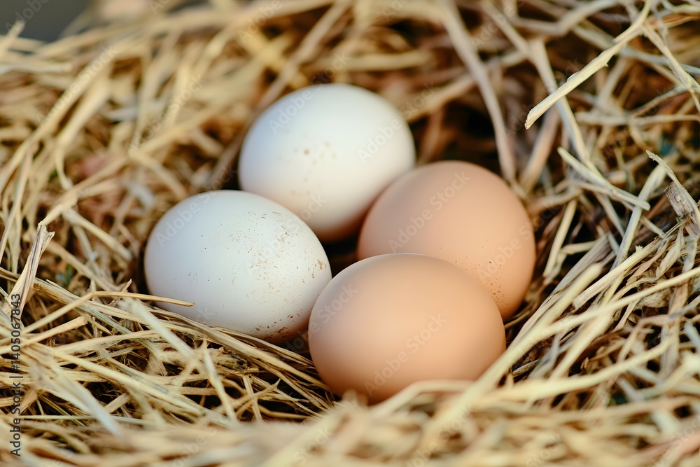 Four eggs two white two brown nestled in a bed of straw. Four eggs two white two brown nestled in a bed of straw.