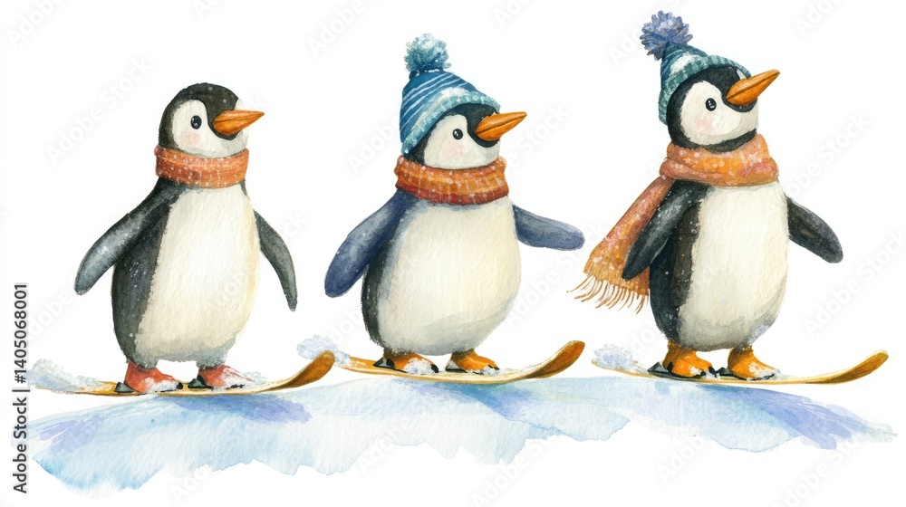 Fototapeta premium Playful Penguins on Skis in Winter Wonderland Scene Illustration Watercolor