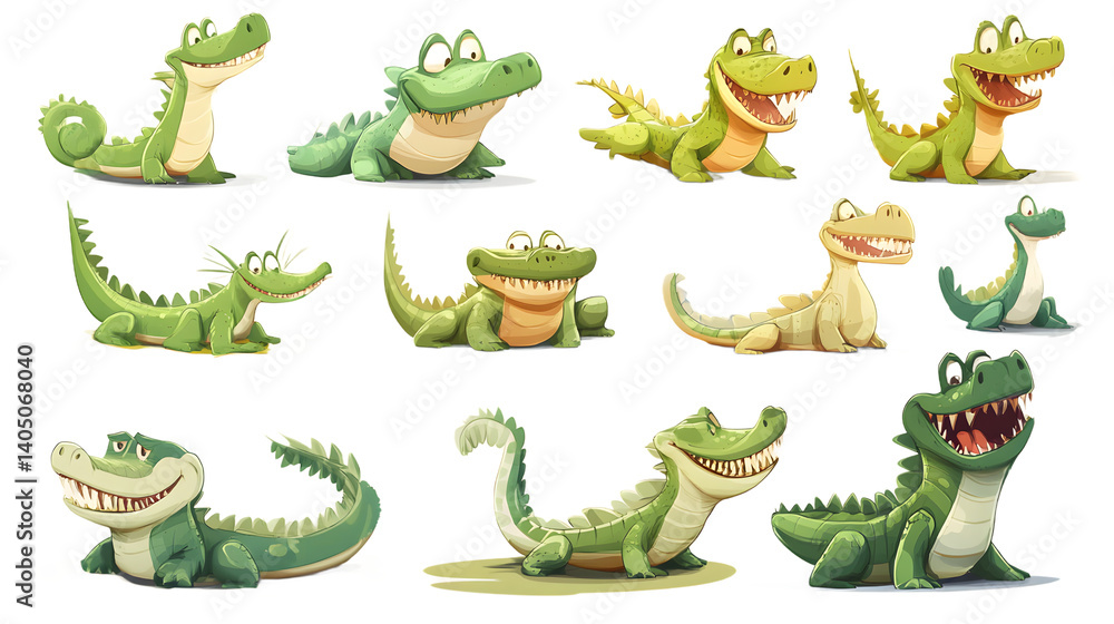 Obraz premium A collection of playful cartoon crocodiles and dinosaurs with various expressions and poses, showcasing their vibrant green colors.