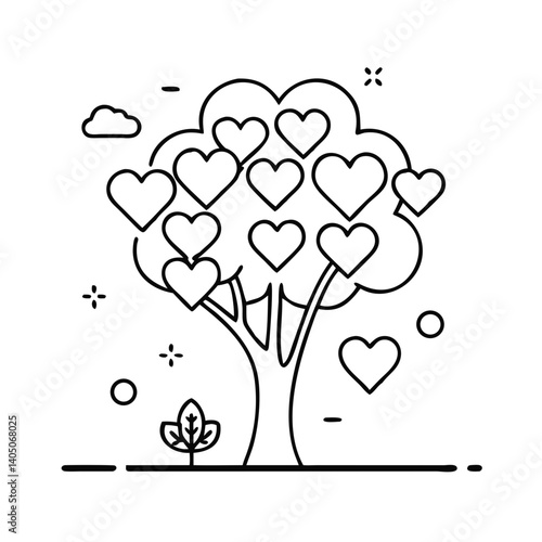 Tree with hearts icon, mental health and self-development theme, growth and love illustration
