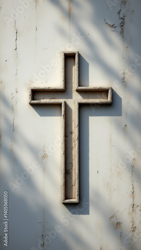 A weathered metal wall with a bold, three-dimensional cross symbolizing Christianity.