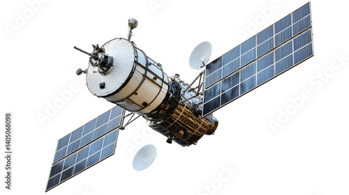 A detailed view of a satellite with solar panels, showcasing its advanced technology and design.
