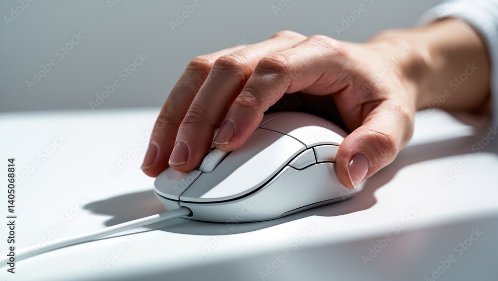 An isolated hand operating the mouse wheel on a white surface. An isolated hand operating the mouse wheel on a white surface.