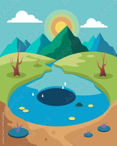 A shrunken and polluted lake once a source of clean water now unable to sustain life.. Vector illustration