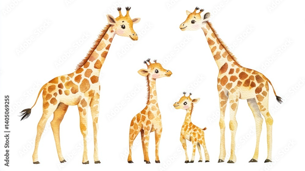 Obraz premium Adorable Watercolor Giraffes in Family Group Standing Together Watercolor