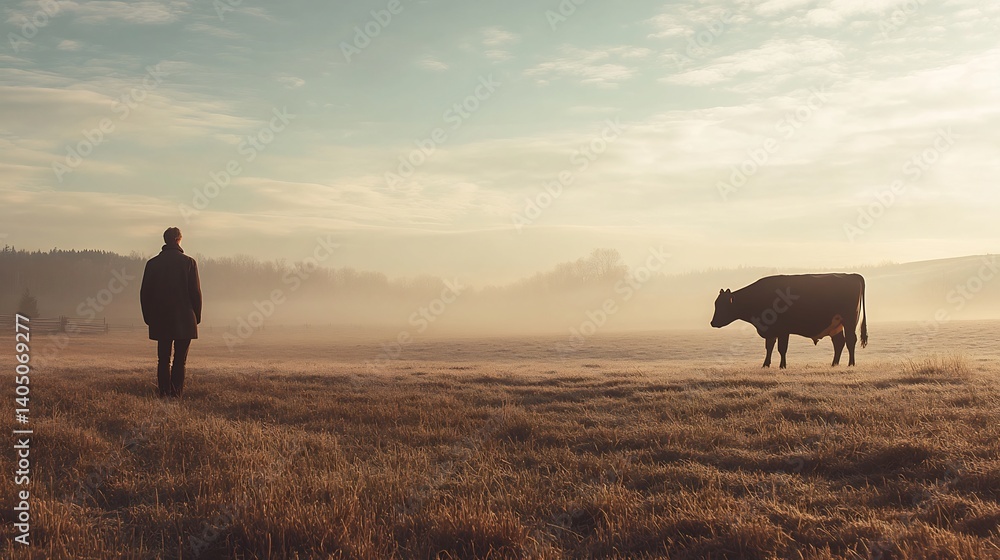 Solitary Figure in Misty Field: Cow, Man, and Serene Dawn Solitary Figure in Misty Field: Cow, Man, and Serene Dawn