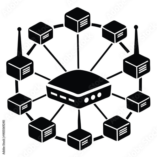 Network Topology Illustration: Central Router Connecting to Multiple Devices in a Star Configuration, Black and White Graphic