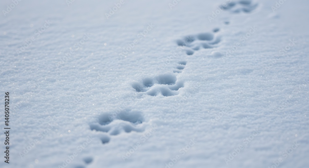 Distinct Paw Prints in Fresh Snow, Leading Across the Winter Landscape Distinct Paw Prints in Fresh Snow, Leading Across the Winter Landscape