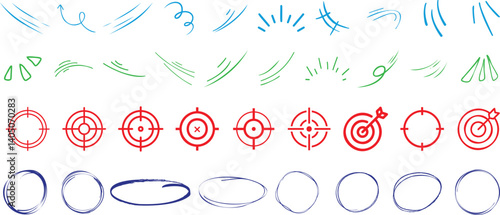 Hand drawn sketch elements, target icon, highlight circle, and dynamic comic motion lines for infographic design, user interface, comic art, and visual emphasis in creative graphic project