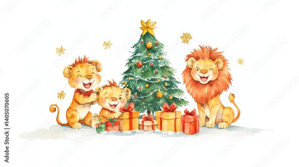 Cute Lions Celebrating Christmas with Gifts and a Christmas Tree Watercolor Cute Lions Celebrating Christmas with Gifts and a Christmas Tree Watercolor