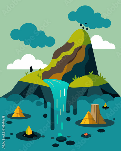 A noxious spill of landfill runoff causing damage to both the environment and human health.. Vector illustration