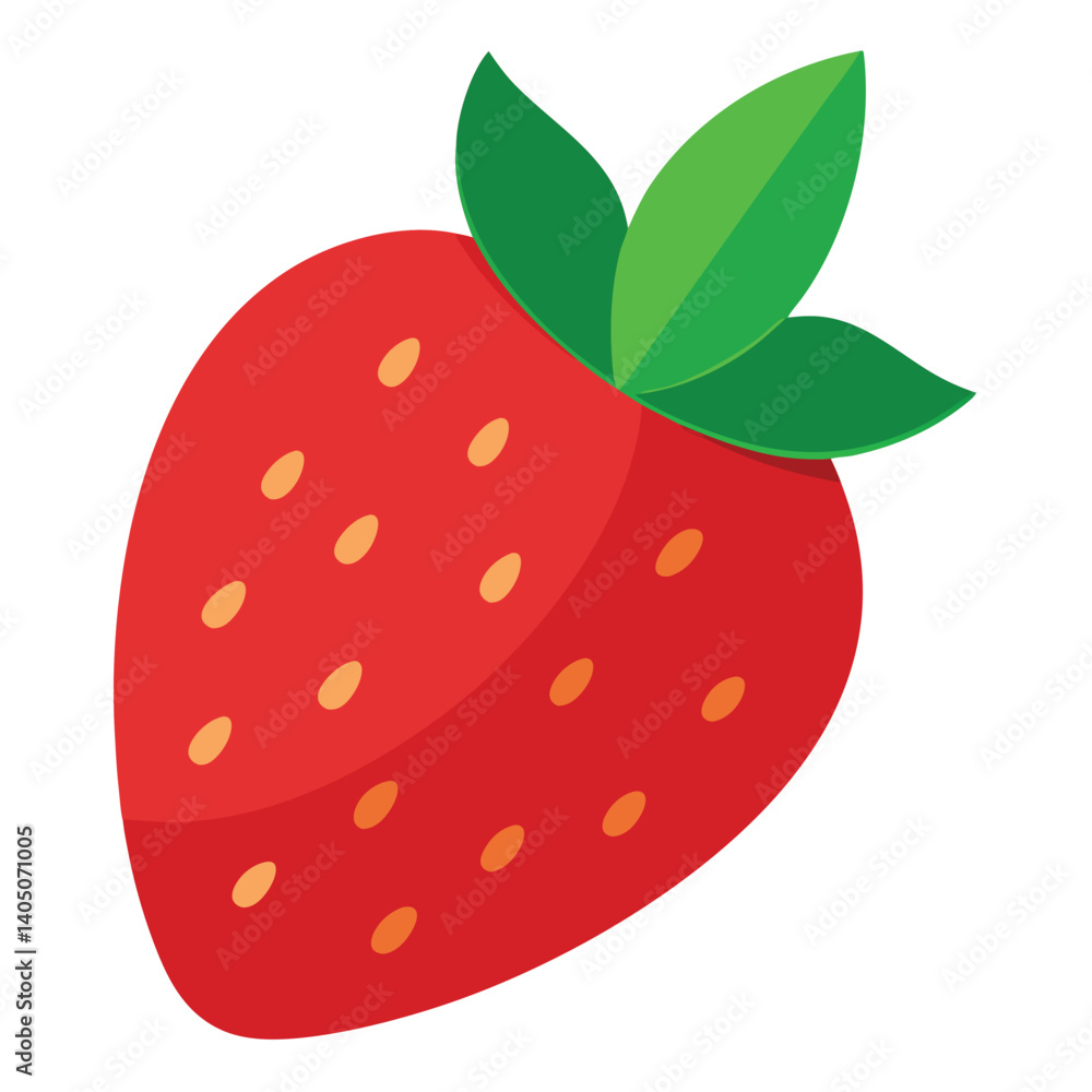 Cute strawberry artwork with seeds and green leaves in vector style Cute strawberry artwork with seeds and green leaves in vector style