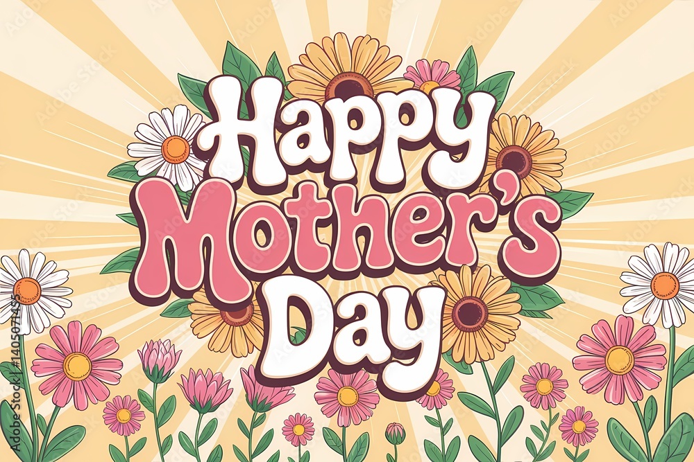 Obraz premium Celebratory Mother's Day card featuring “Happy Mother's Day” text with colorful balloons, white daisies, and decorative festive elements on a warm peach background.