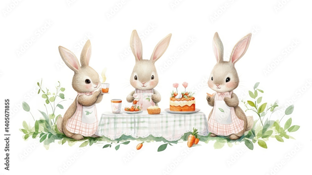Charming Bunnies Enjoying a Delightful Tea Party with Treats Watercolor Charming Bunnies Enjoying a Delightful Tea Party with Treats Watercolor