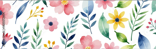 Watercolor_floral_pattern_with_pink_and_yellow_flowers,green_and_blue_leaves,and_small_red_berries_on_a_white_background,creating_a_fresh_and_delicate_design