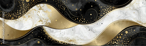 Abstract_art_with_wavy_lines_of_black_gold_and_white_marble_texture,golden_dots_scattered_across_the_image,subtle_glitter_effect_adds_depth