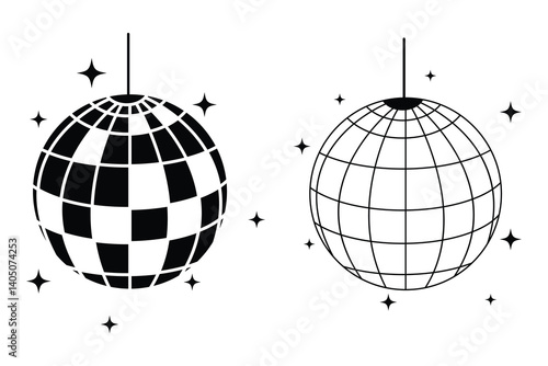 Disco ball with stars icon, disco ball sign vector. Mirror disco ball with glitters icon. Dance music party discoball. vector illustration. 