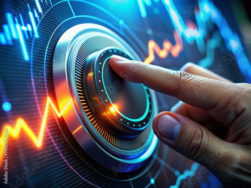 Hand Adjusting Virtual Economy Dial:  Economic Control & Policymaking Concept Stock Photo