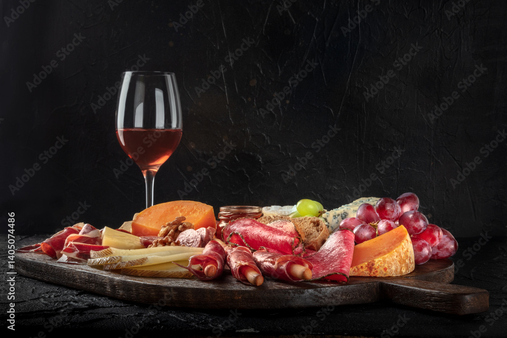 custom made wallpaper toronto digitalAntipasti or tapas. Charcuterie and cheese board with wine, side view on a black background with copy space. Gourmet snacks