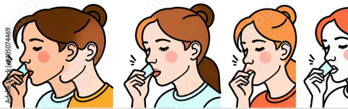 Four_women_profile_view_eating_a_blue_square_candy_or_gum_with_various_hair_colors_brown_red_blonde_and_auburn_wearing_different_colored_shirts