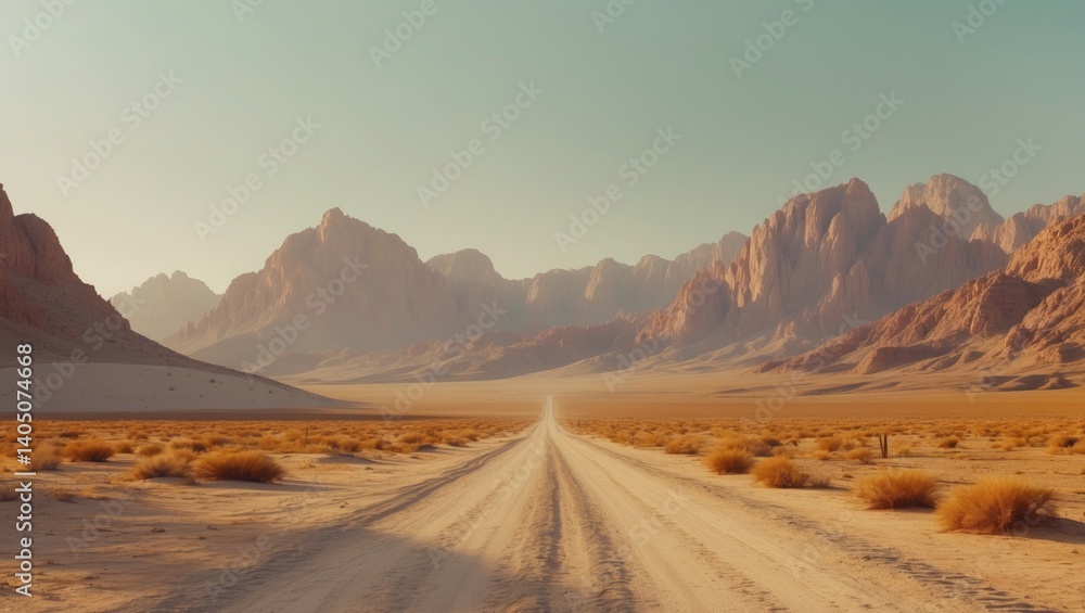 Fototapeta premium A broad landscape view with a dirt path winding through desolate plains towards the massive granite summits.