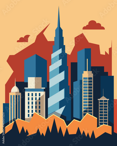 The citys once iconic skyline is now marred by buildings with cracked facades and missing pieces.. Vector illustration