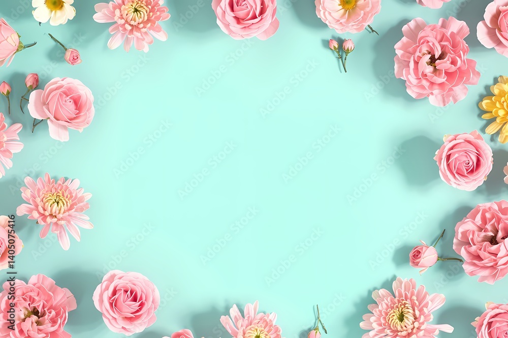 Floral Frame: A visually pleasing frame of pastel pink and white flowers delicately arranged on a light turquoise background, creating a cheerful and inviting atmosphere. Floral Frame: A visually pleasing frame of pastel pink and white flowers delicately arranged on a light turquoise background, creating a cheerful and inviting atmosphere.