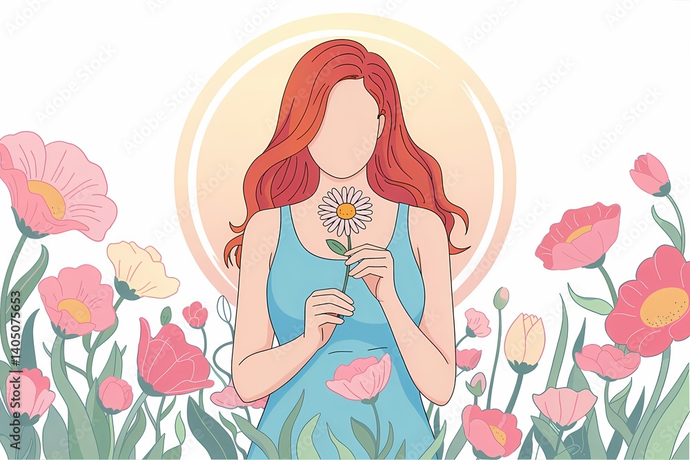 Woman's floral delight: The illustration depicts a young woman surrounded by vibrant flowers and a setting sun. She delicately holds a flower in her hand, celebrating nature's gentle embrace. Woman's floral delight: The illustration depicts a young woman surrounded by vibrant flowers and a setting sun. She delicately holds a flower in her hand, celebrating nature's gentle embrace.