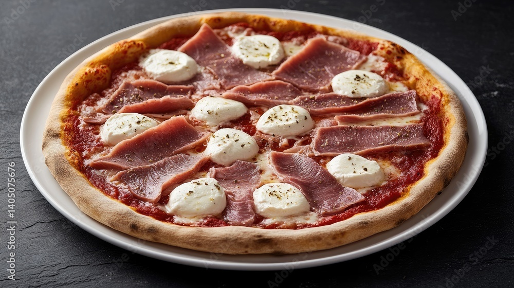 Delicious Pizza with Cheese and Ham on Rustic Black Background Delicious Pizza with Cheese and Ham on Rustic Black Background