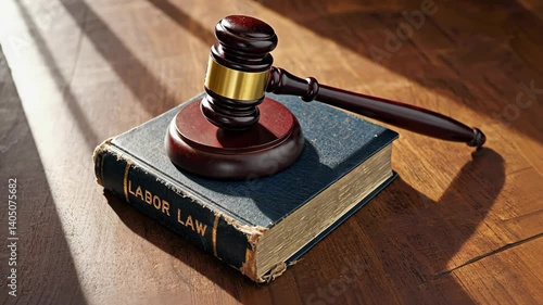 Gavel Resting on a Labor Law Book on a Wooden Table, Casting Shadows, Symbolizing Justice and Legal Matters