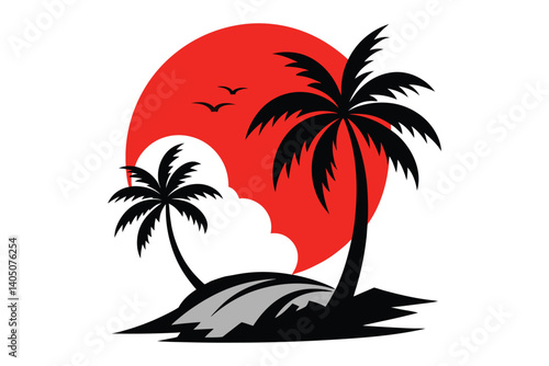 sunset beach palm trees silhouette vector illustration on white background