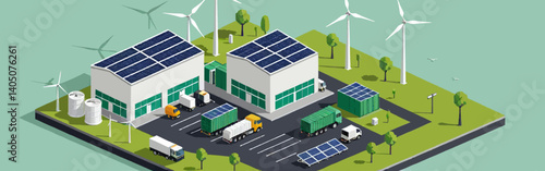 Isometric view_of_a_sustainable_industrial_area_with_solarpanel_covered_buildings_wind_turbines_electric_trucks_and_green_spaces_suggesting_clean_energy_and_eco_friendly_practices