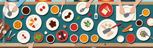 Overhead_view_of_a_table_set_for_a_meal_with_plates_and_bowls_of_food_ingredients_Hands_are_seen_preparing_or_serving_the_food_with_utensils_in_a_bright_colorful_style
