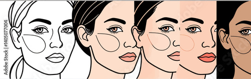 illustrates faces of women diplayed insuccession_with varying tones_starting from out line drawing to gradatinghues_reflecting diversity in complexion