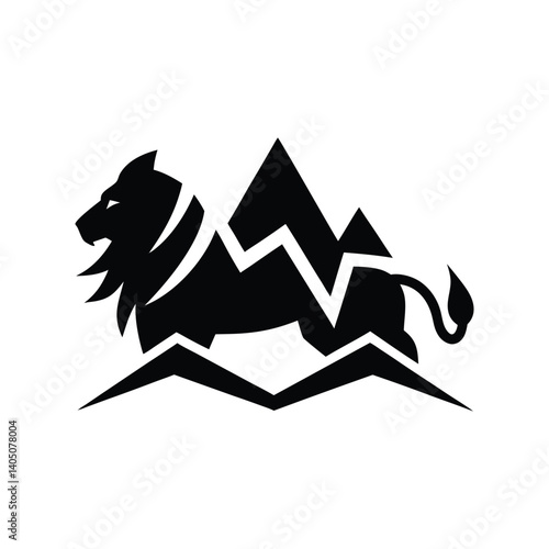 A minimal black silhouette logo of a lion combined with mountain on white background.